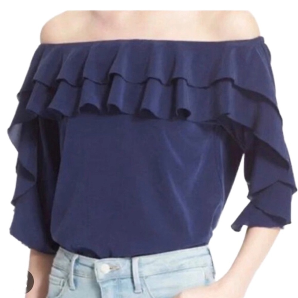 L'Agence Monroe Off Shoulder SILK Blouse Blue Ruffle Pullover Top Sz S EUC